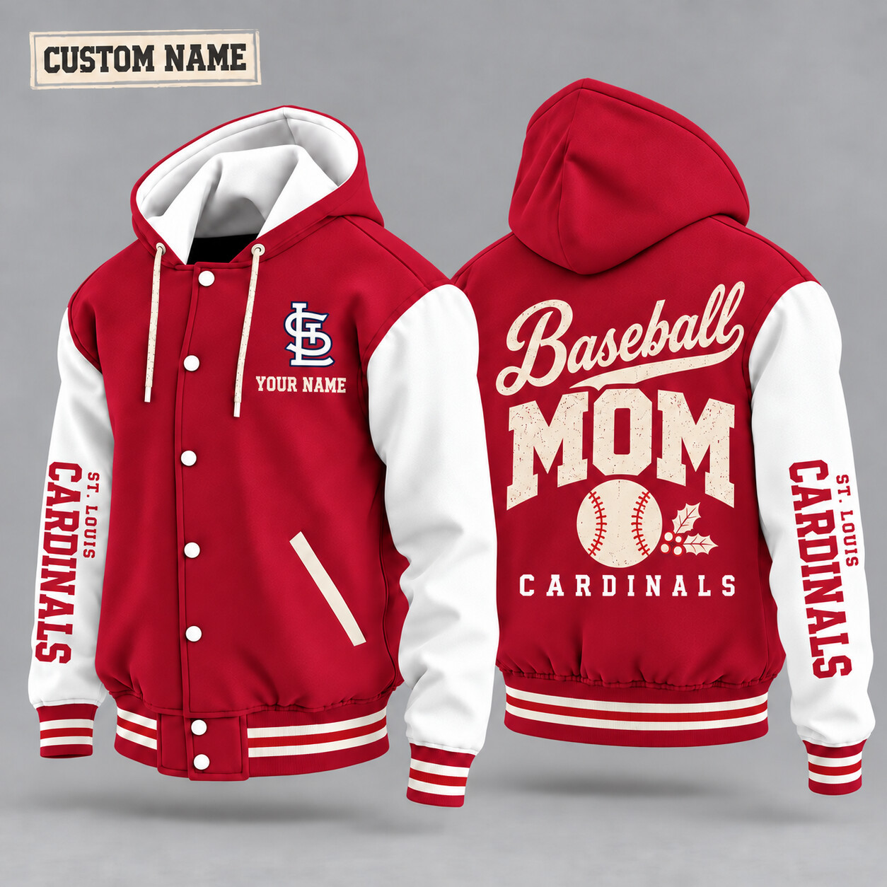 St. Louis Cardinals Baseball Mom Christmas Hooded Letterman Jacket Custom Name P7I6HC