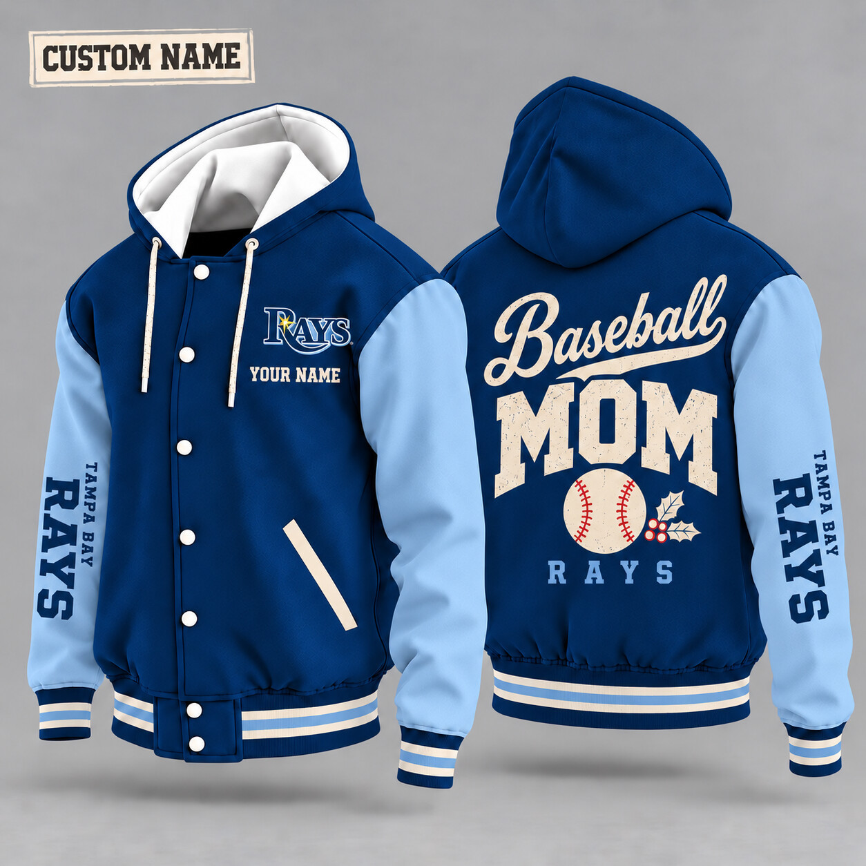 Tampa Bay Rays Baseball Mom Christmas Hooded Letterman Jacket Custom Name PNGLVJ