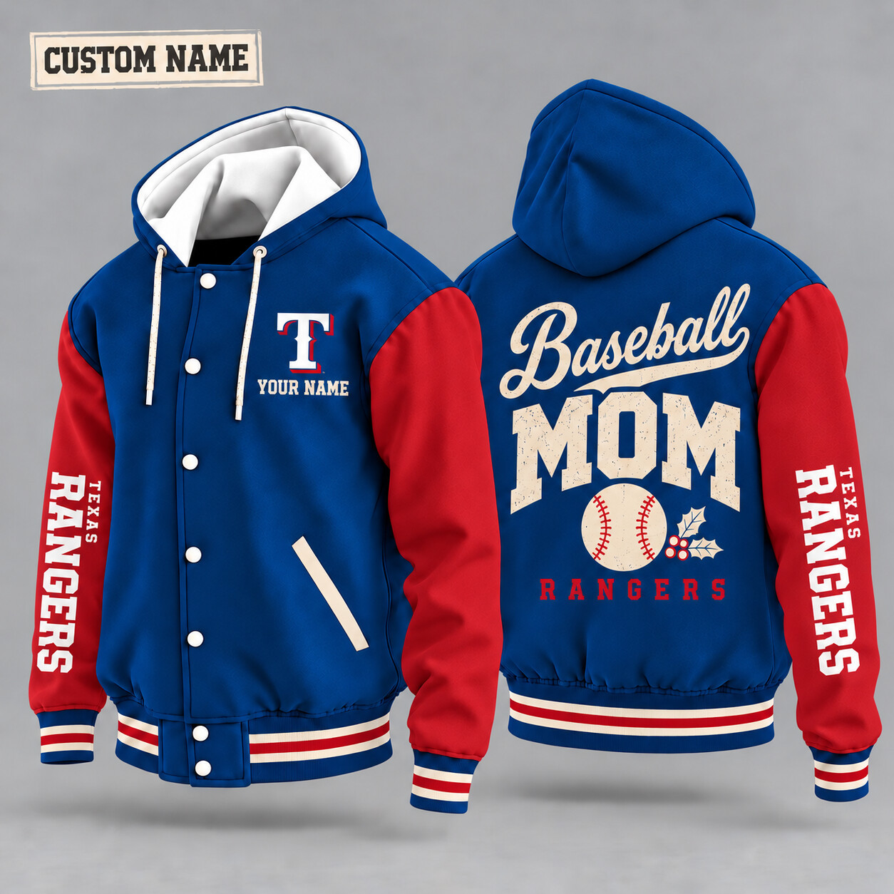 Texas Rangers Baseball Mom Christmas Hooded Letterman Jacket Custom Name PD5K2C
