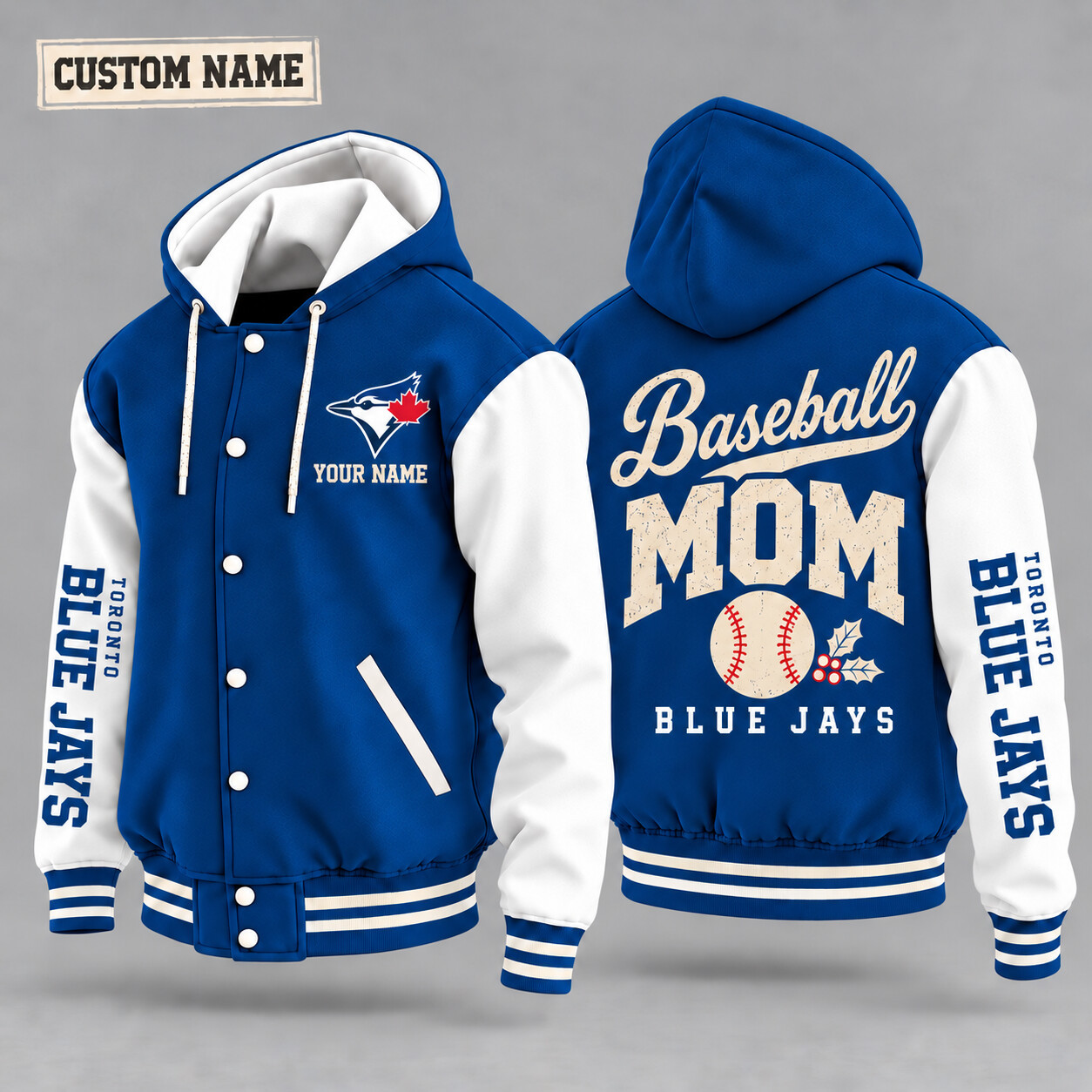 Toronto Blue Jays Baseball Mom Christmas Hooded Letterman Jacket Custom Name PCYBG0
