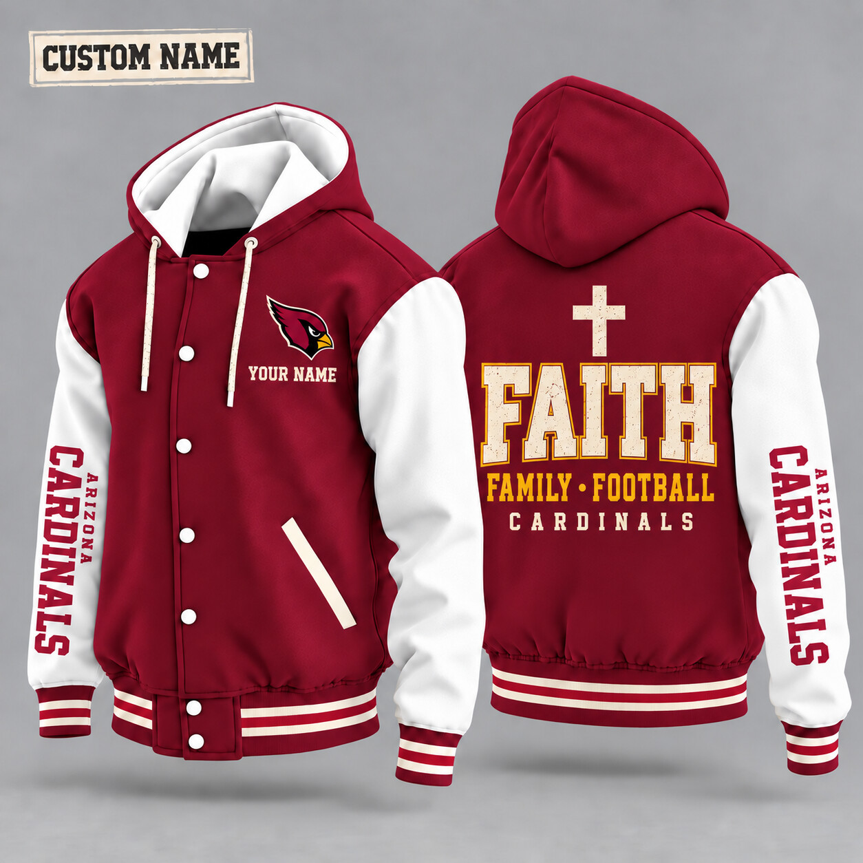 Arizona Cardinals Faith Family Football Hooded Letterman Jacket Custom Name P910IN