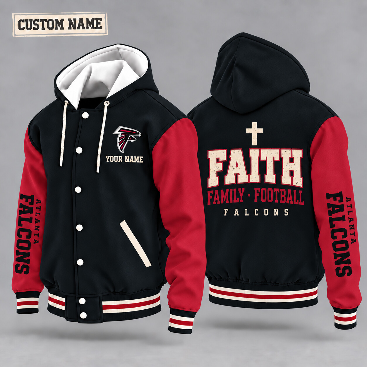 Atlanta Falcons Faith Family Football Hooded Letterman Jacket Custom Name PS3QS7