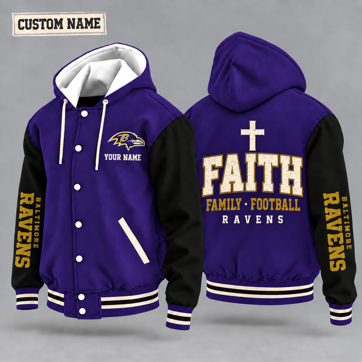 Baltimore Ravens Faith Family Football Hooded Letterman Jacket Custom Name P6USJ1