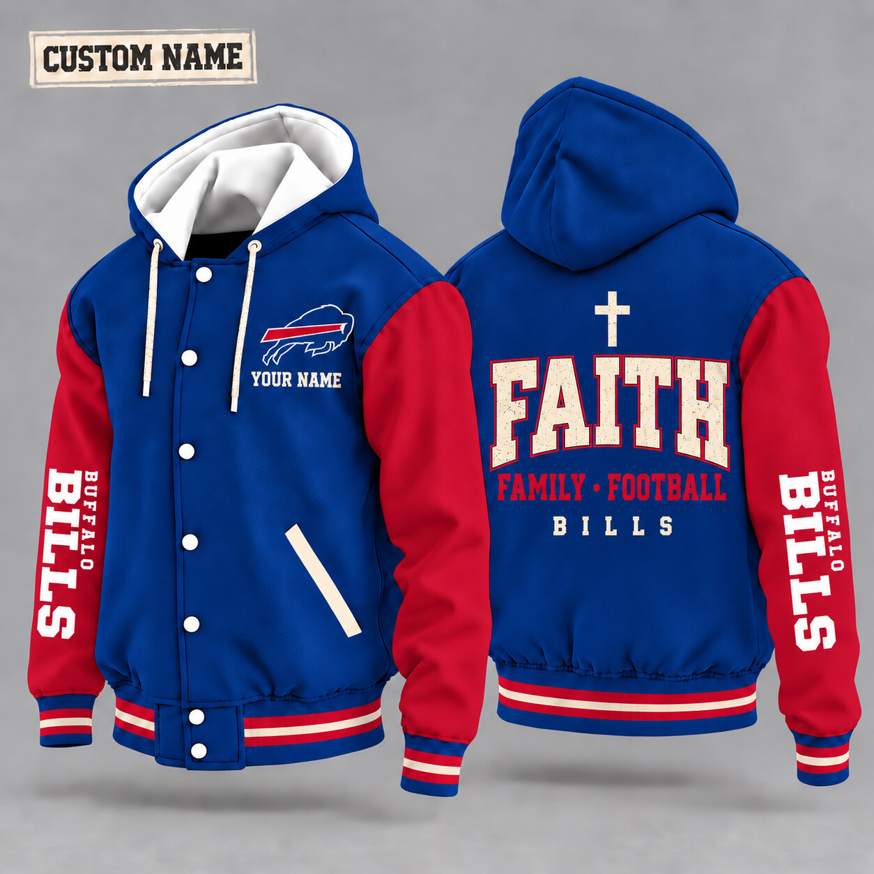 Buffalo Bills Faith Family Football Hooded Letterman Jacket Custom Name PW1CN1