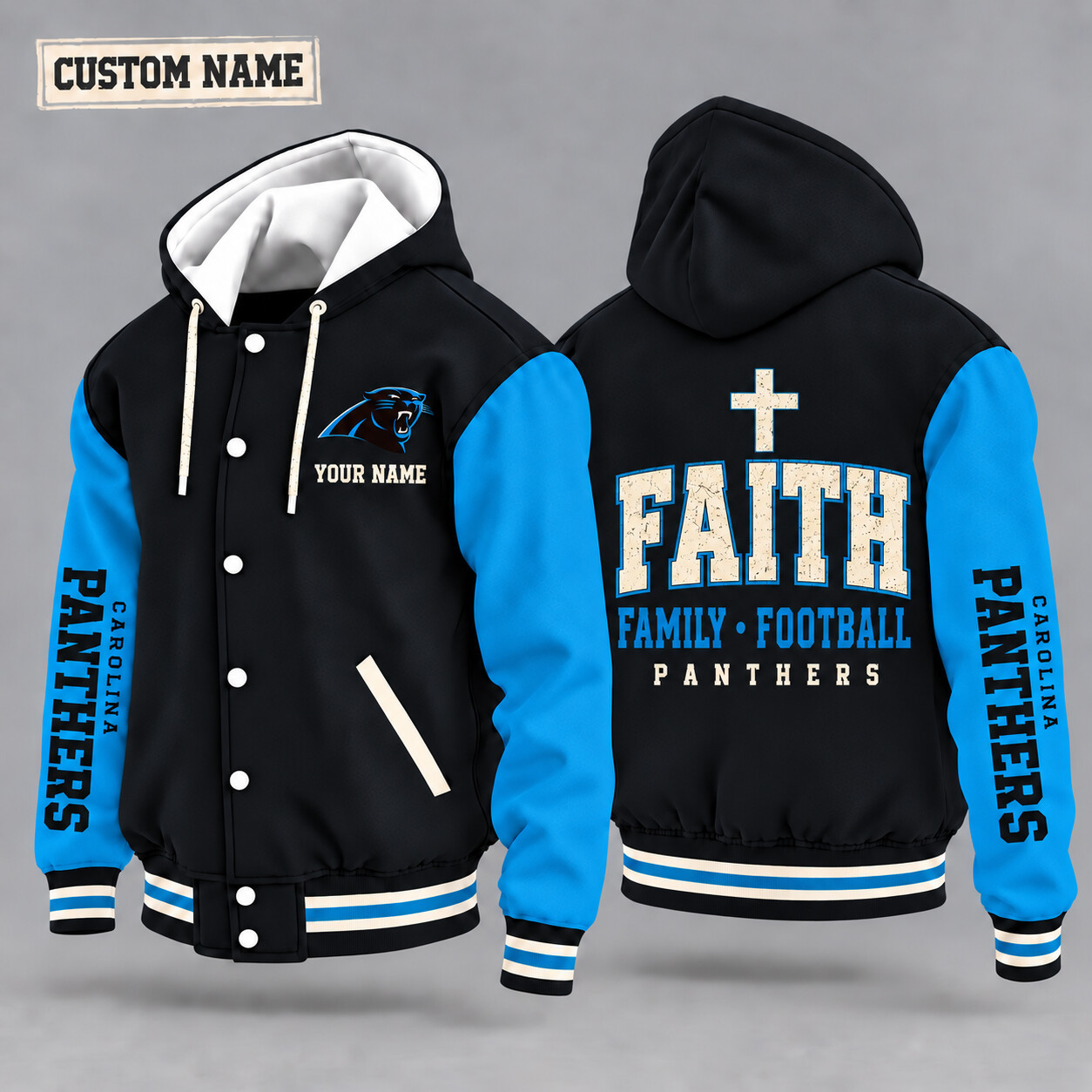Carolina Panthers Faith Family Football Hooded Letterman Jacket Custom Name PTQA15