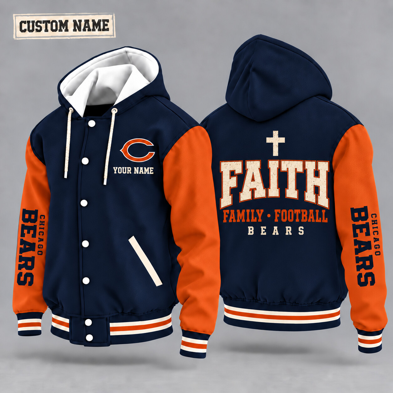 Chicago Bears Faith Family Football Hooded Letterman Jacket Custom Name PF1O54