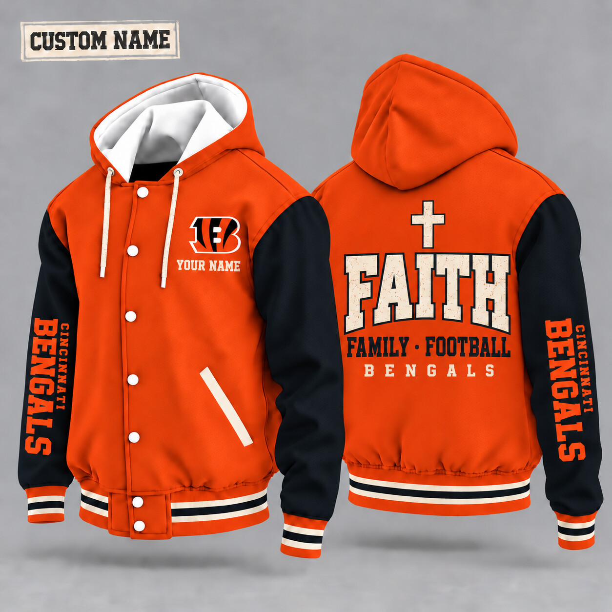 Cincinnati Bengals Faith Family Football Hooded Letterman Jacket Custom Name P6C6H3
