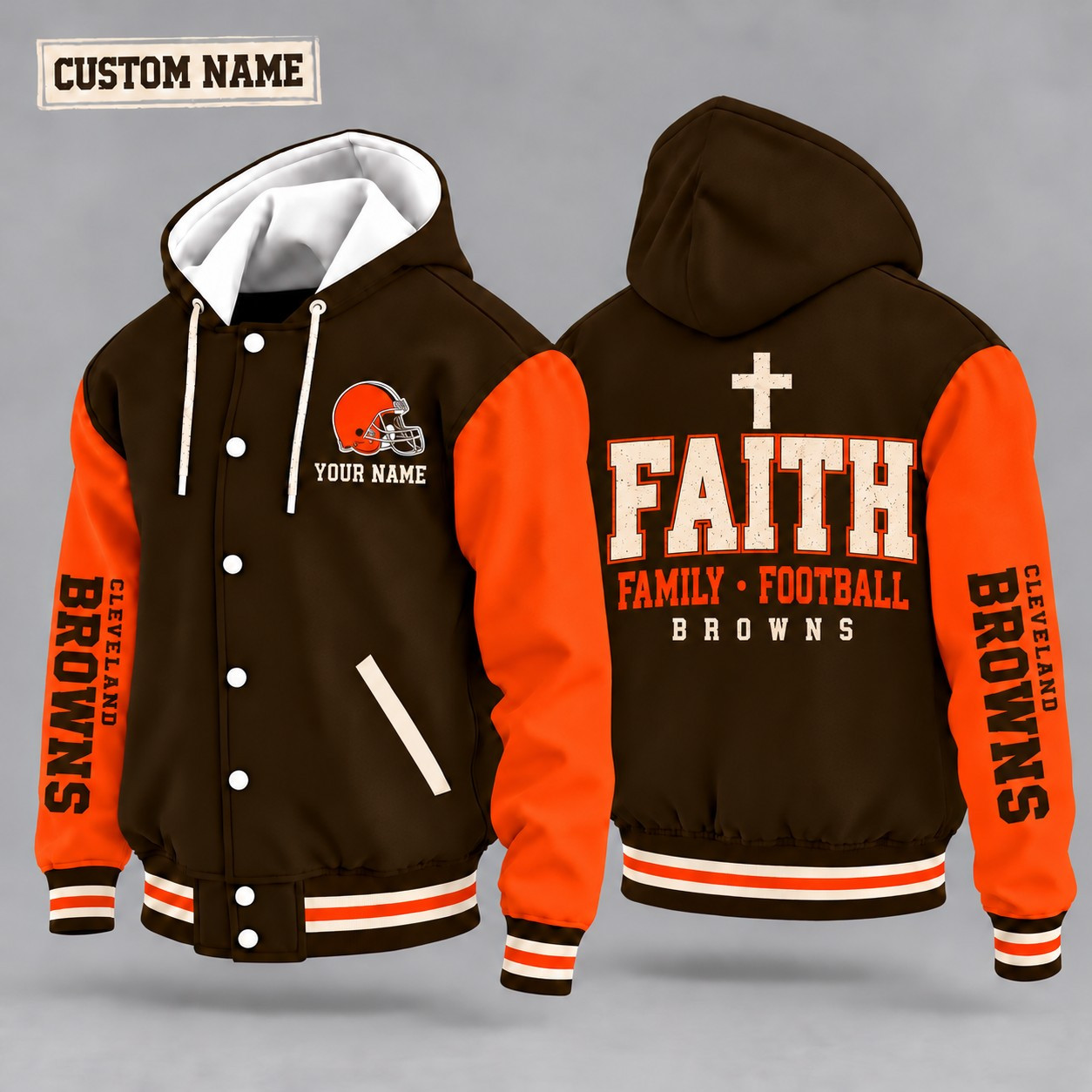 Cleveland Browns Faith Family Football Hooded Letterman Jacket Custom Name P7UZ07