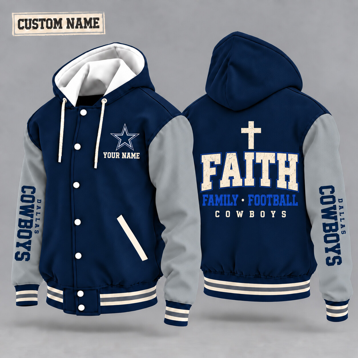 Dallas Cowboys Faith Family Football Hooded Letterman Jacket Custom Name PSFEQC