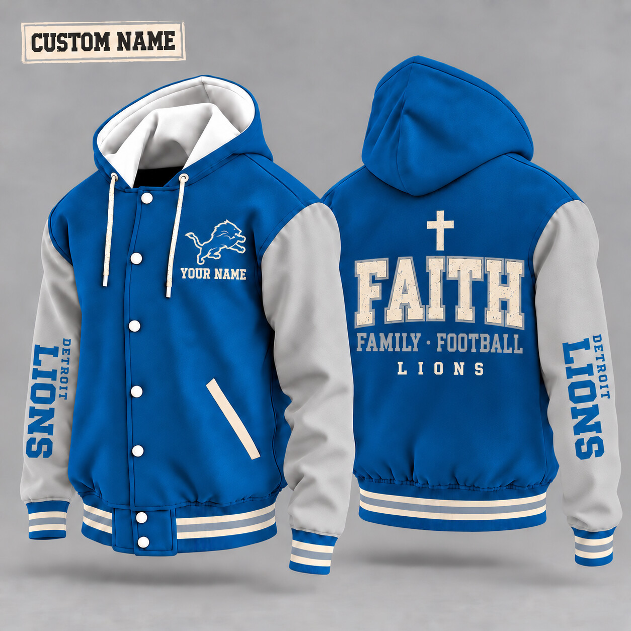 Detroit Lions Faith Family Football Hooded Letterman Jacket Custom Name P02FVI