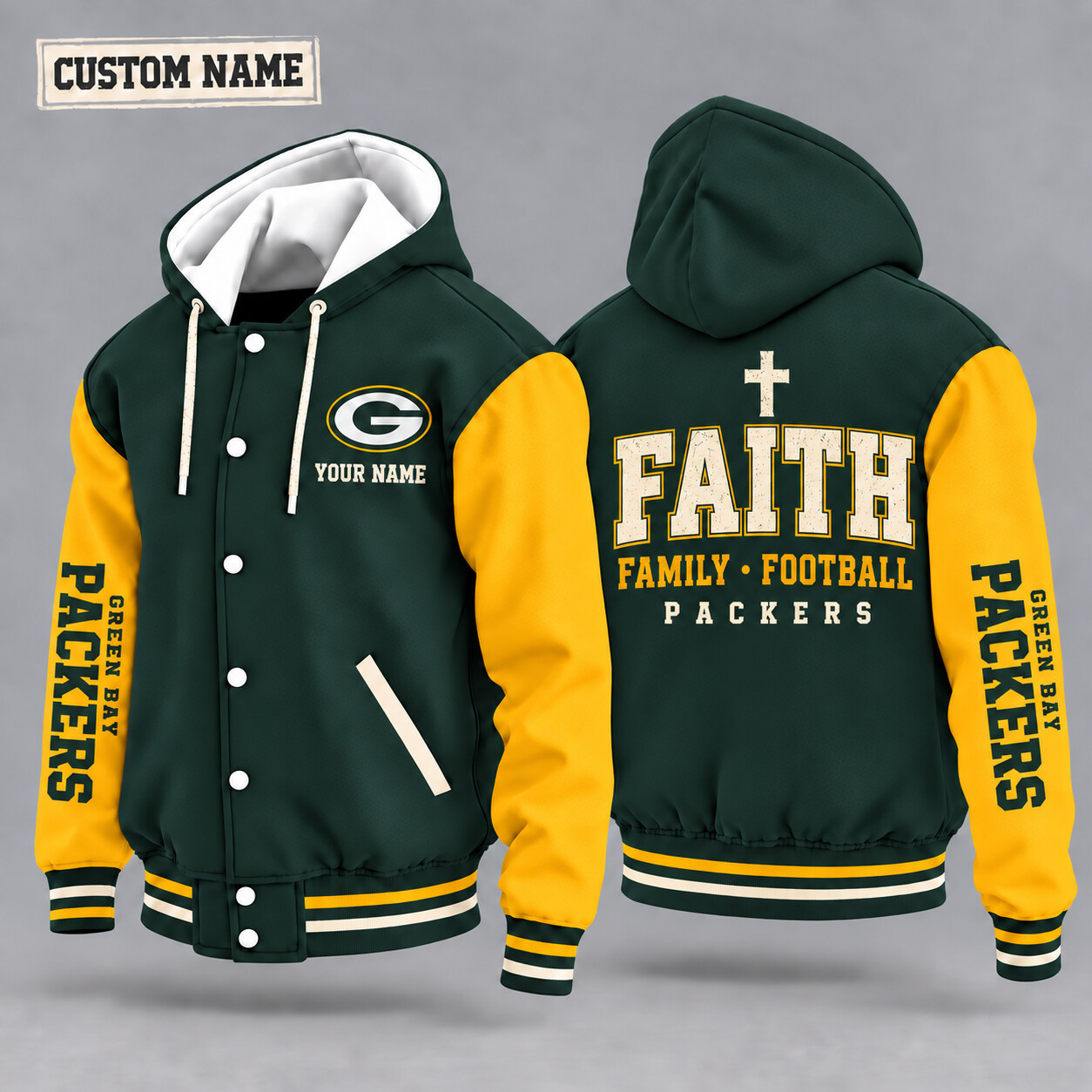 Green Bay Packers Faith Family Football Hooded Letterman Jacket Custom Name PVVVCN