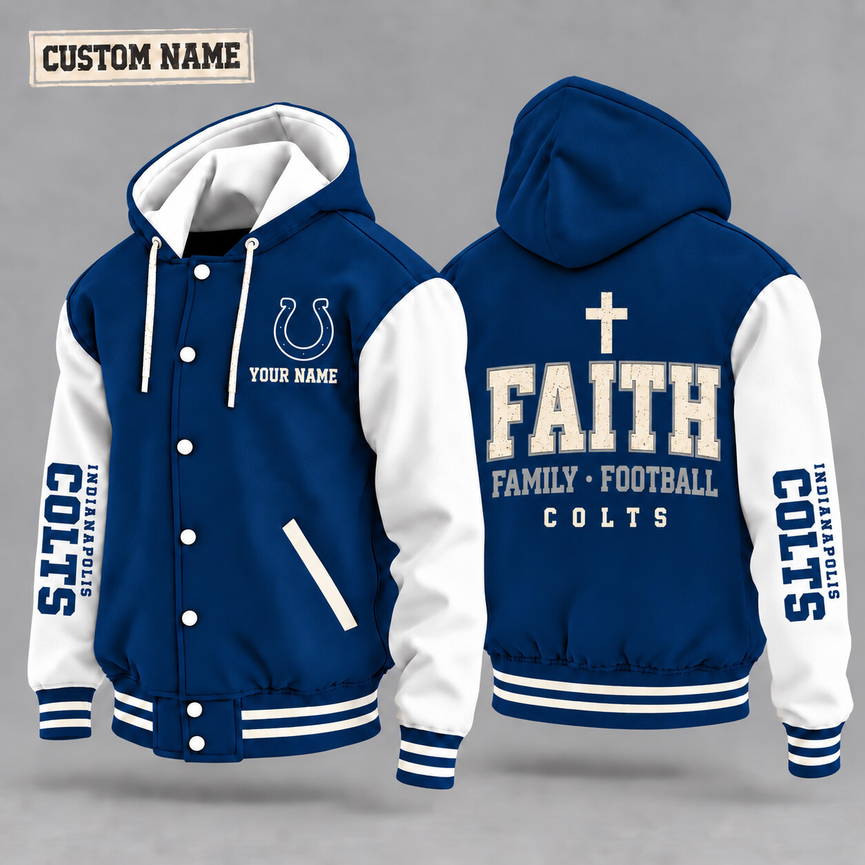 Indianapolis Colts Faith Family Football Hooded Letterman Jacket Custom Name PEQNVL