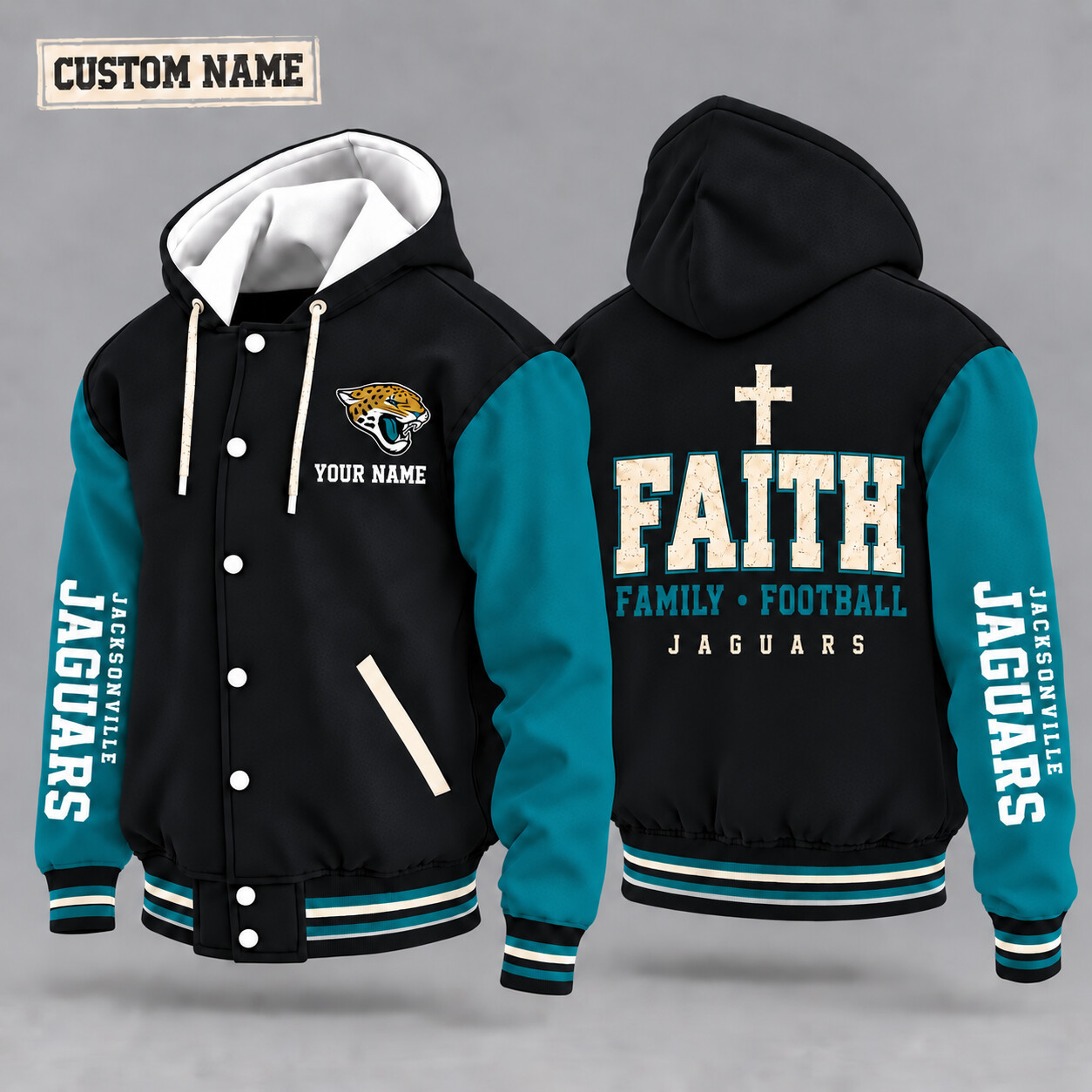 Jacksonville Jaguars Faith Family Football Hooded Letterman Jacket Custom Name P4R66Z