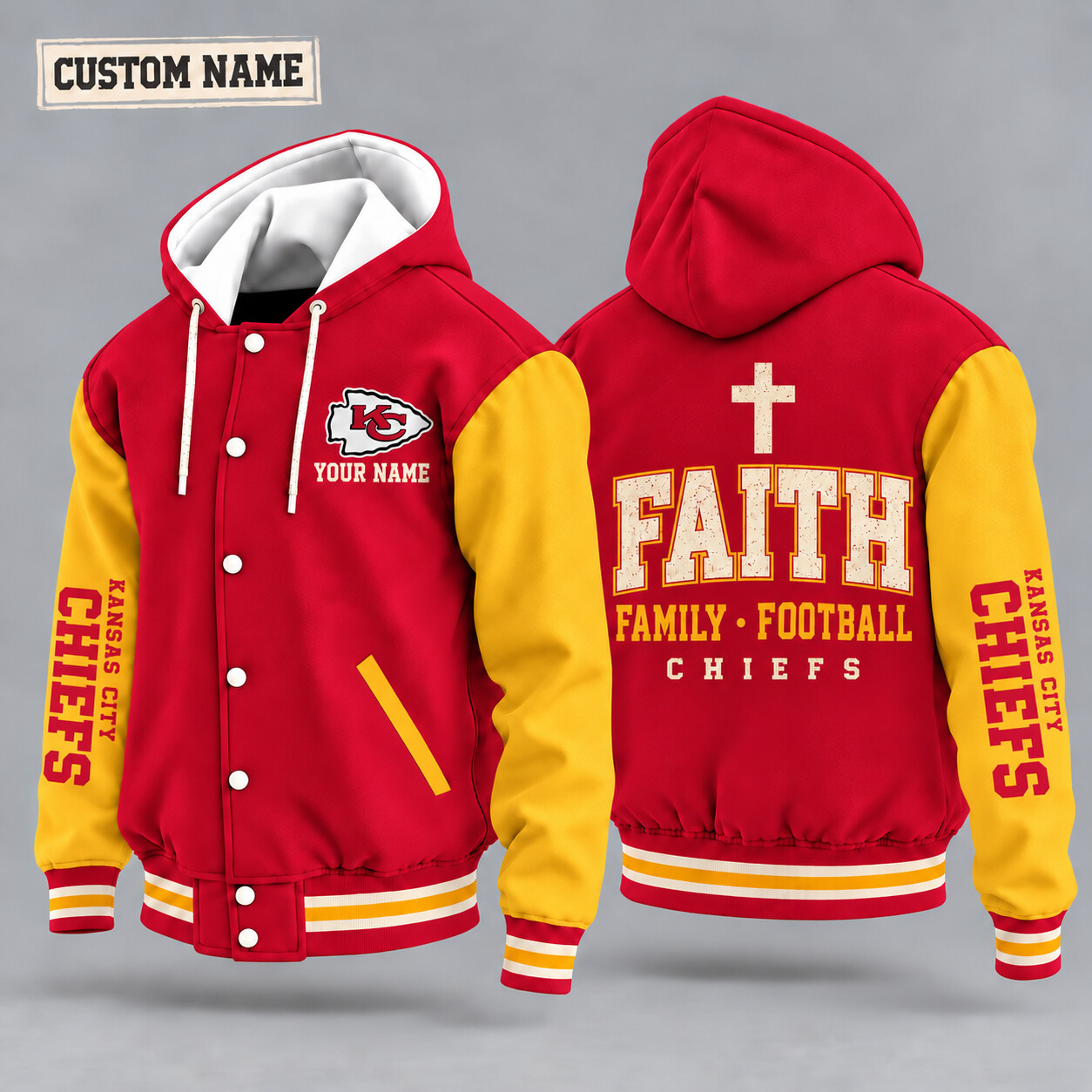 Kansas City Chiefs Faith Family Football Hooded Letterman Jacket Custom Name PEQSC3