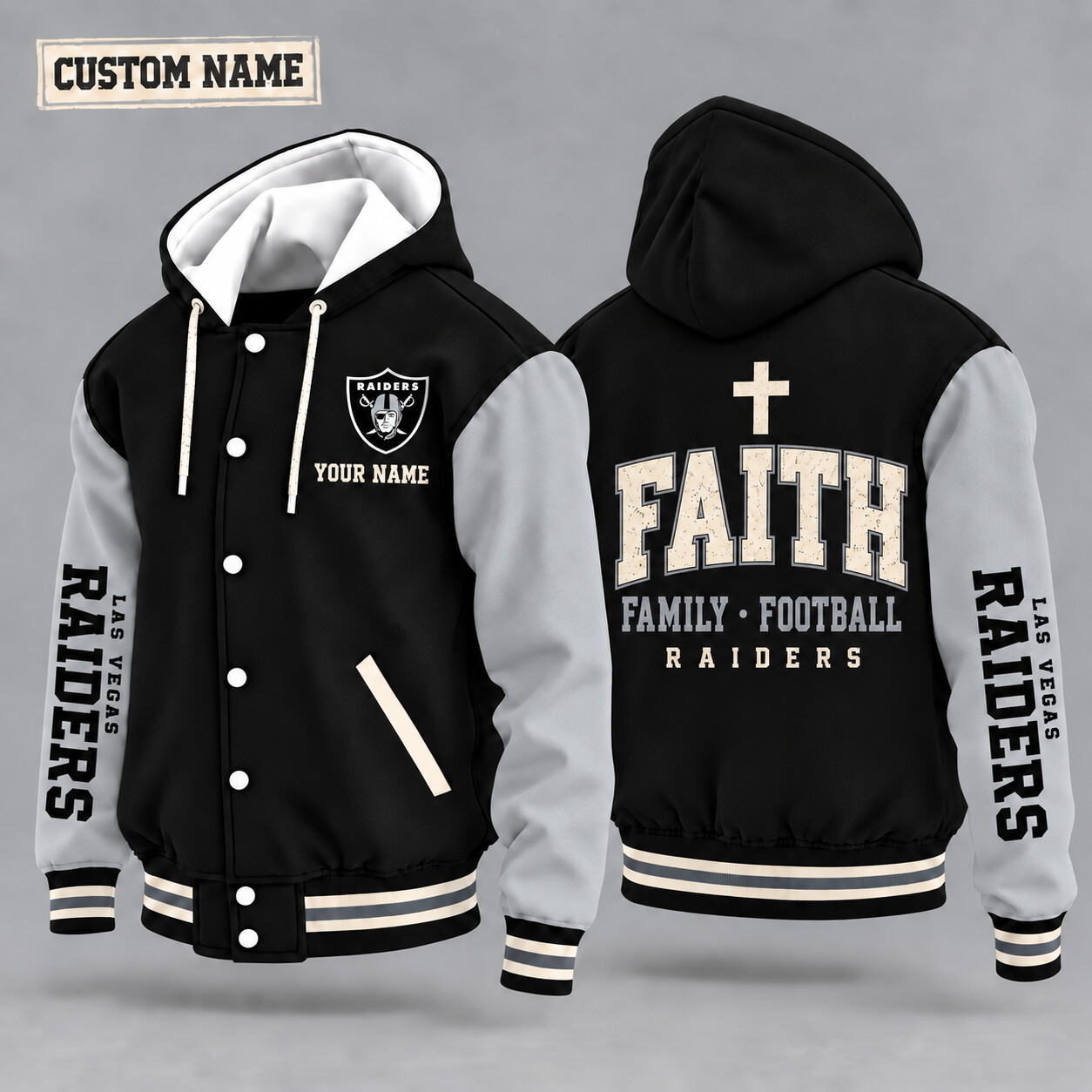 Las Vegas Raiders Faith Family Football Hooded Letterman Jacket Custom Name PQ75Q2