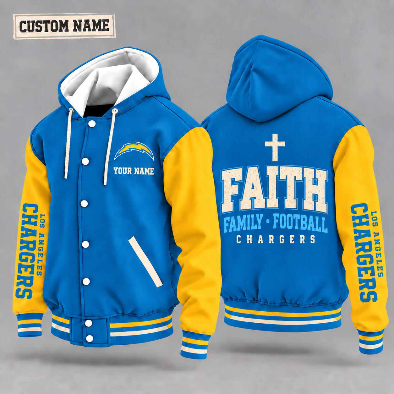 Los Angeles Chargers Faith Family Football Hooded Letterman Jacket Custom Name PQ6G7G
