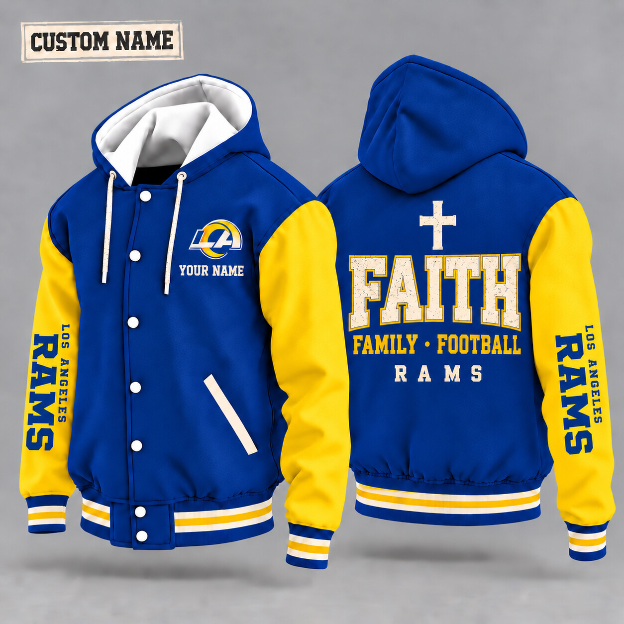 Los Angeles Rams Faith Family Football Hooded Letterman Jacket Custom Name PSSD8V