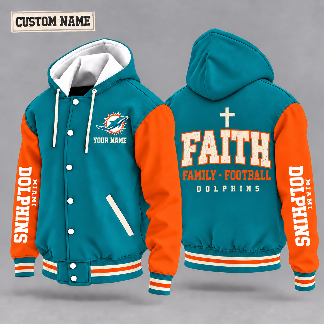 Miami Dolphins Faith Family Football Hooded Letterman Jacket Custom Name PREP18