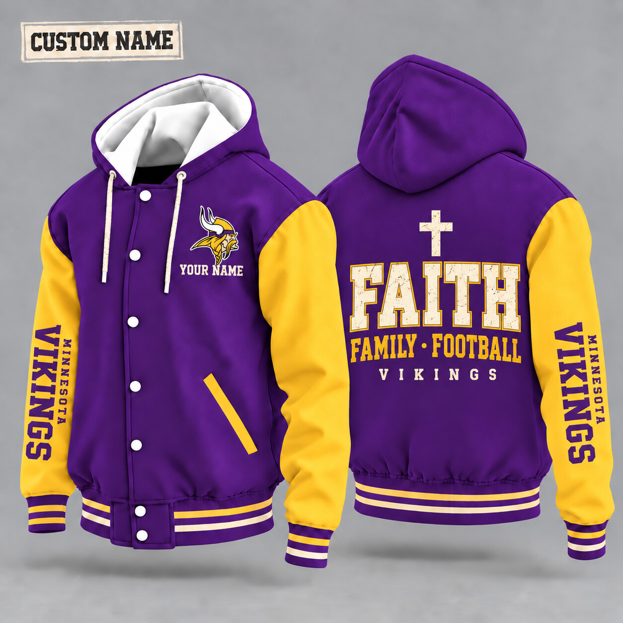 Minnesota Vikings Faith Family Football Hooded Letterman Jacket Custom Name P9WILG