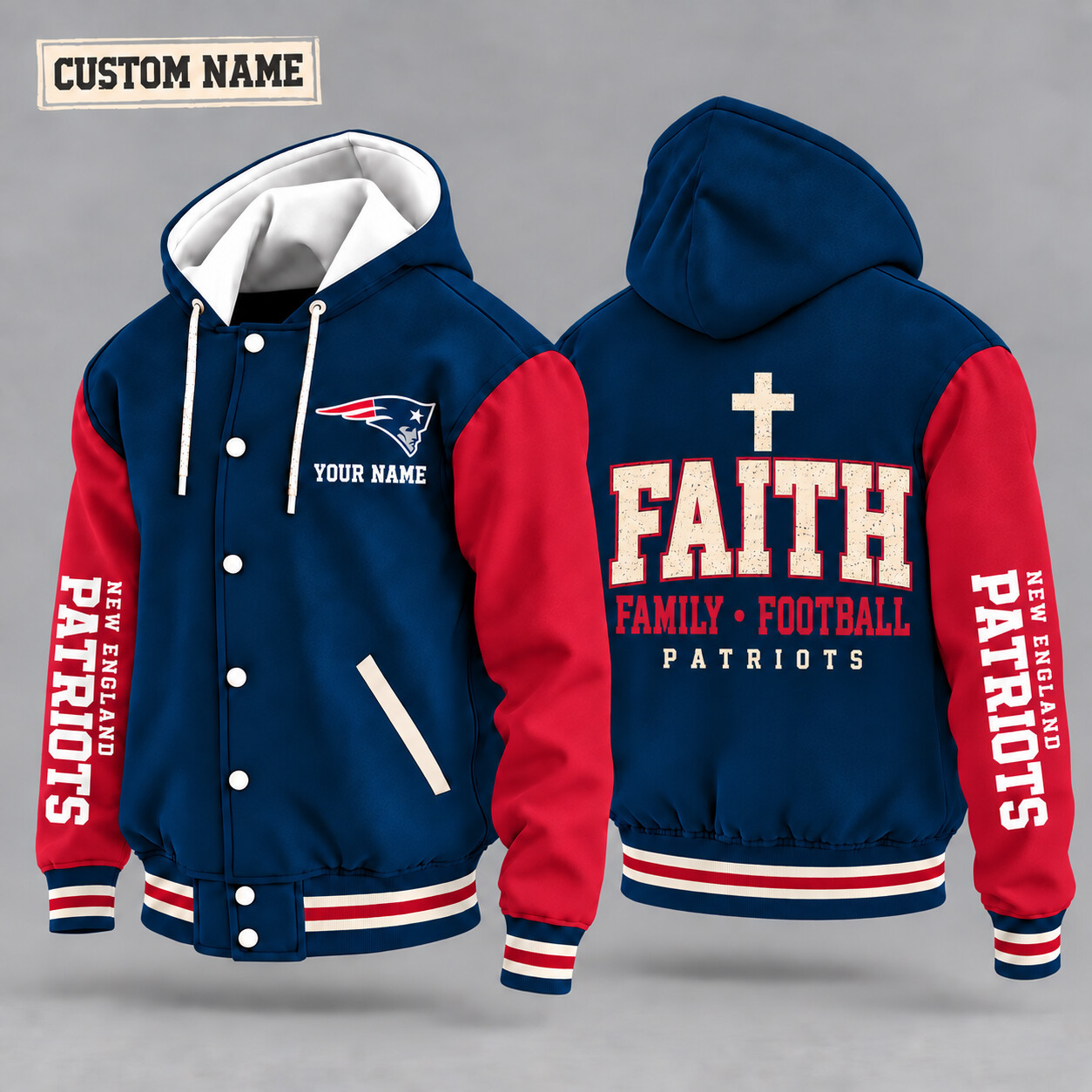 New England Patriots Faith Family Football Hooded Letterman Jacket Custom Name PAN7ZH
