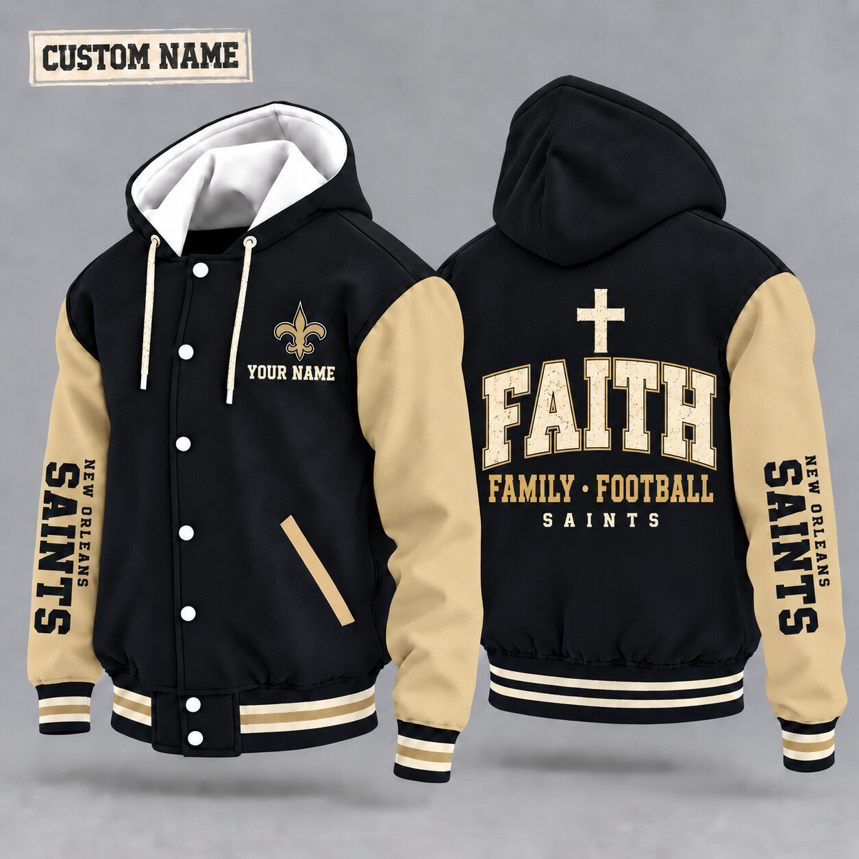 New Orleans Saints Faith Family Football Hooded Letterman Jacket Custom Name PT0XEB