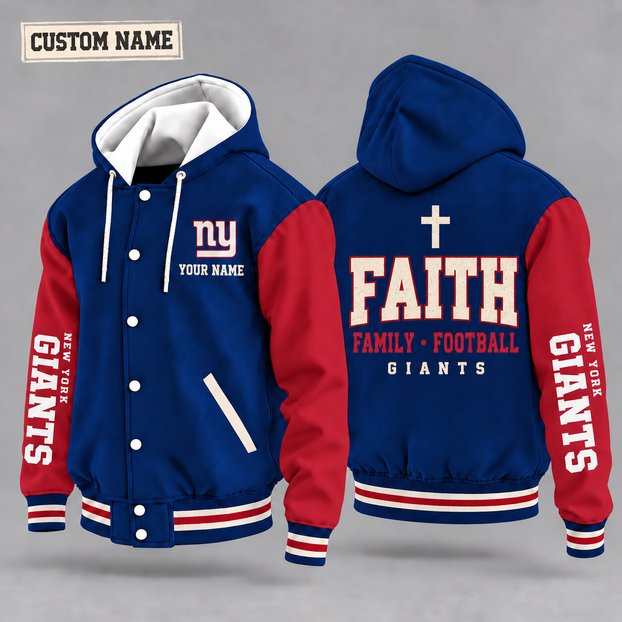 New York Giants Faith Family Football Hooded Letterman Jacket Custom Name PVRM68