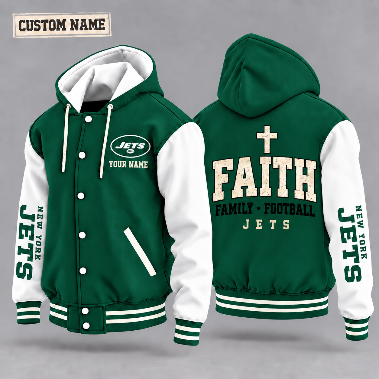New York Jets Faith Family Football Hooded Letterman Jacket Custom Name PR6253
