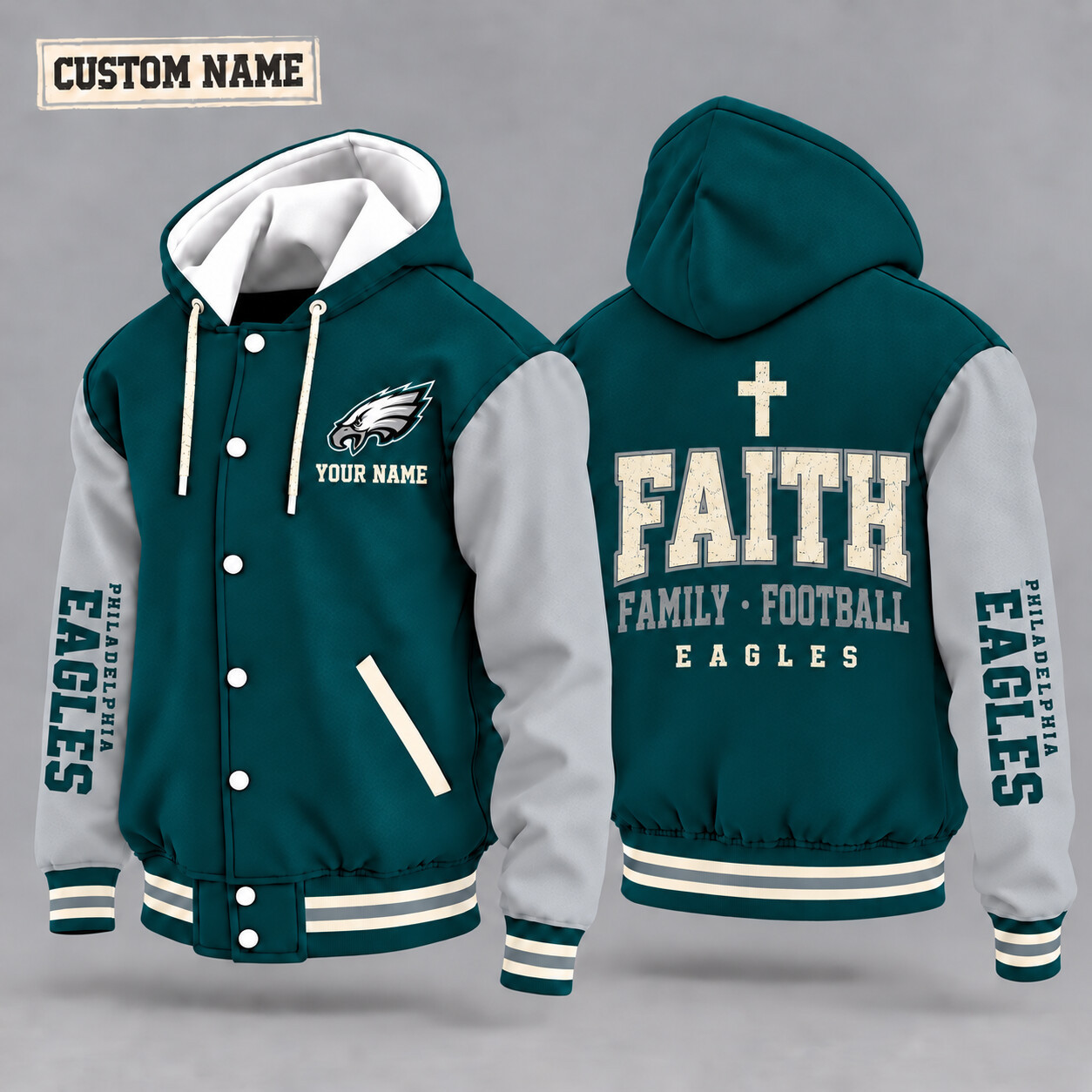Philadelphia Eagles Faith Family Football Hooded Letterman Jacket Custom Name PEI6NI