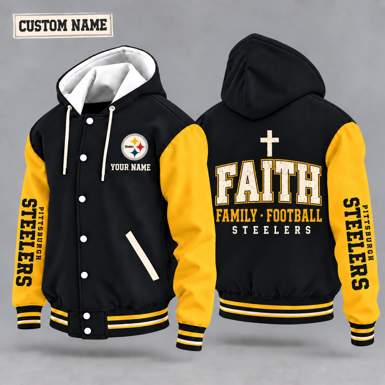 Pittsburgh Steelers Faith Family Football Hooded Letterman Jacket Custom Name PKTPXH