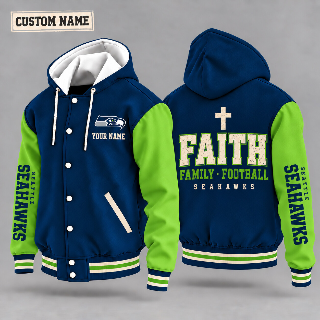 Seattle Seahawks Faith Family Football Hooded Letterman Jacket Custom Name PDWYJJ