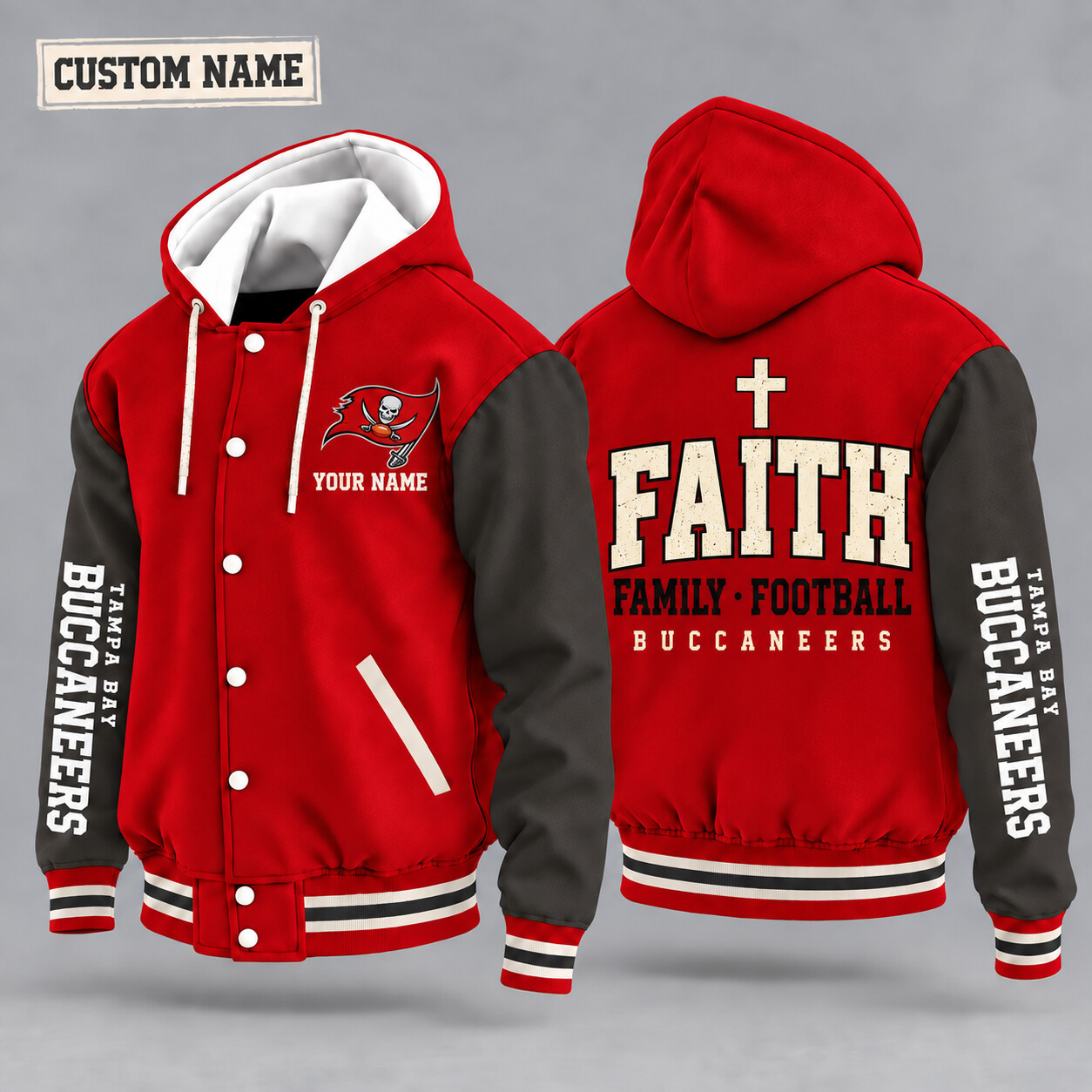 Tampa Bay Buccaneers Faith Family Football Hooded Letterman Jacket Custom Name P33T25