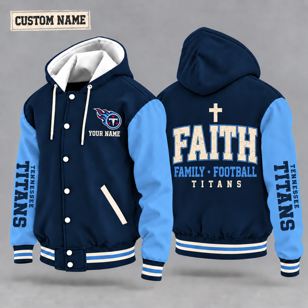 Tennessee Titans Faith Family Football Hooded Letterman Jacket Custom Name PGCQJF