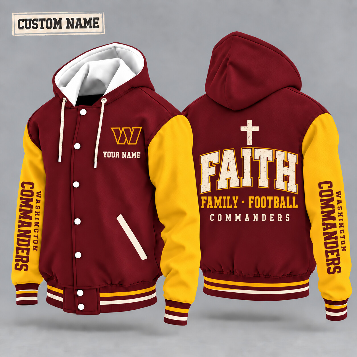 Washington Commanders Faith Family Football Hooded Letterman Jacket Custom Name PF5UIB