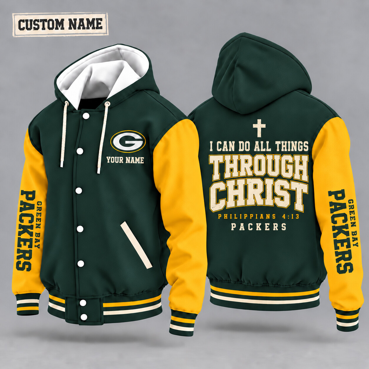 Green Bay Packers I Can Do All Things Through Christ Hooded Letterman Jacket Custom Name PZGWMR