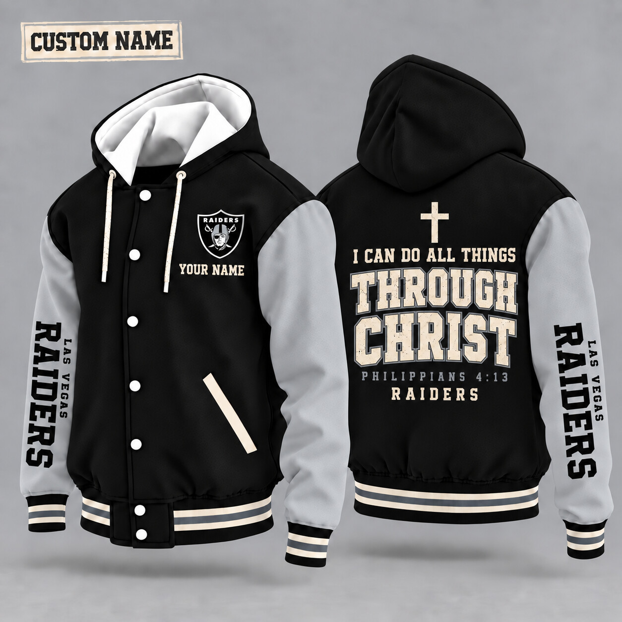 Las Vegas Raiders I Can Do All Things Through Christ Hooded Letterman Jacket Custom Name PBN2V2