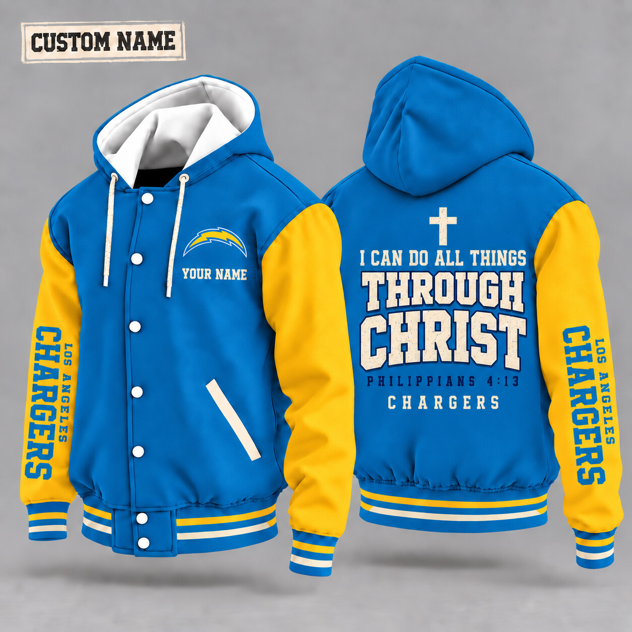Los Angeles Chargers I Can Do All Things Through Christ Hooded Letterman Jacket Custom Name P7FUVJ