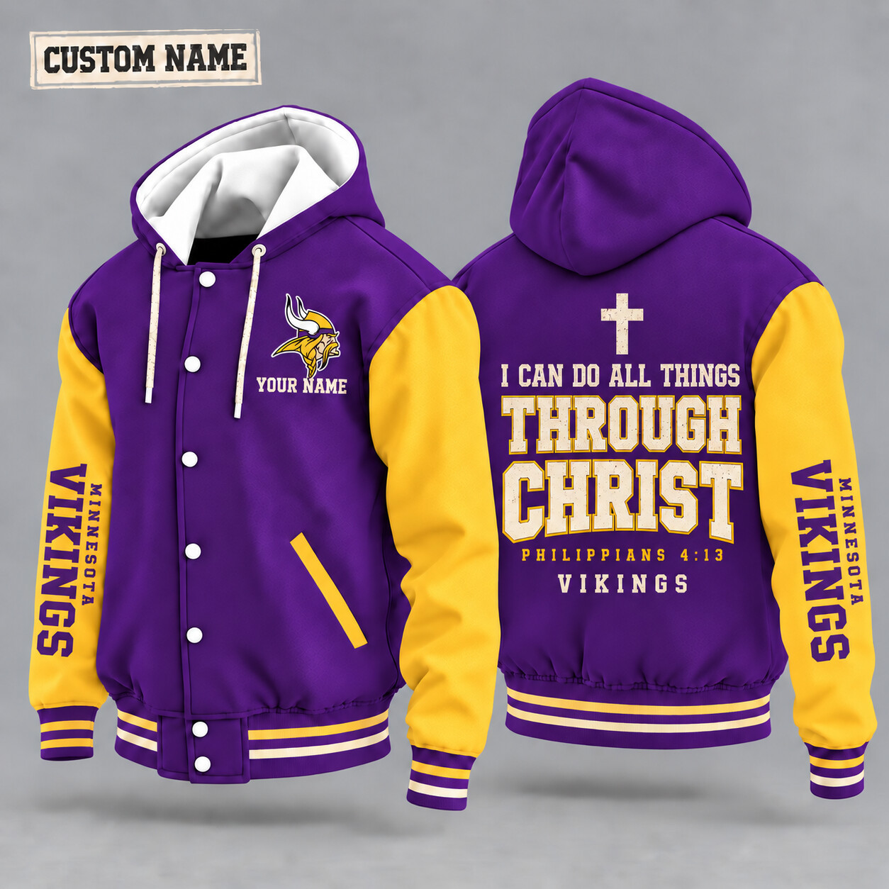 Minnesota Vikings I Can Do All Things Through Christ Hooded Letterman Jacket Custom Name P3UI8G