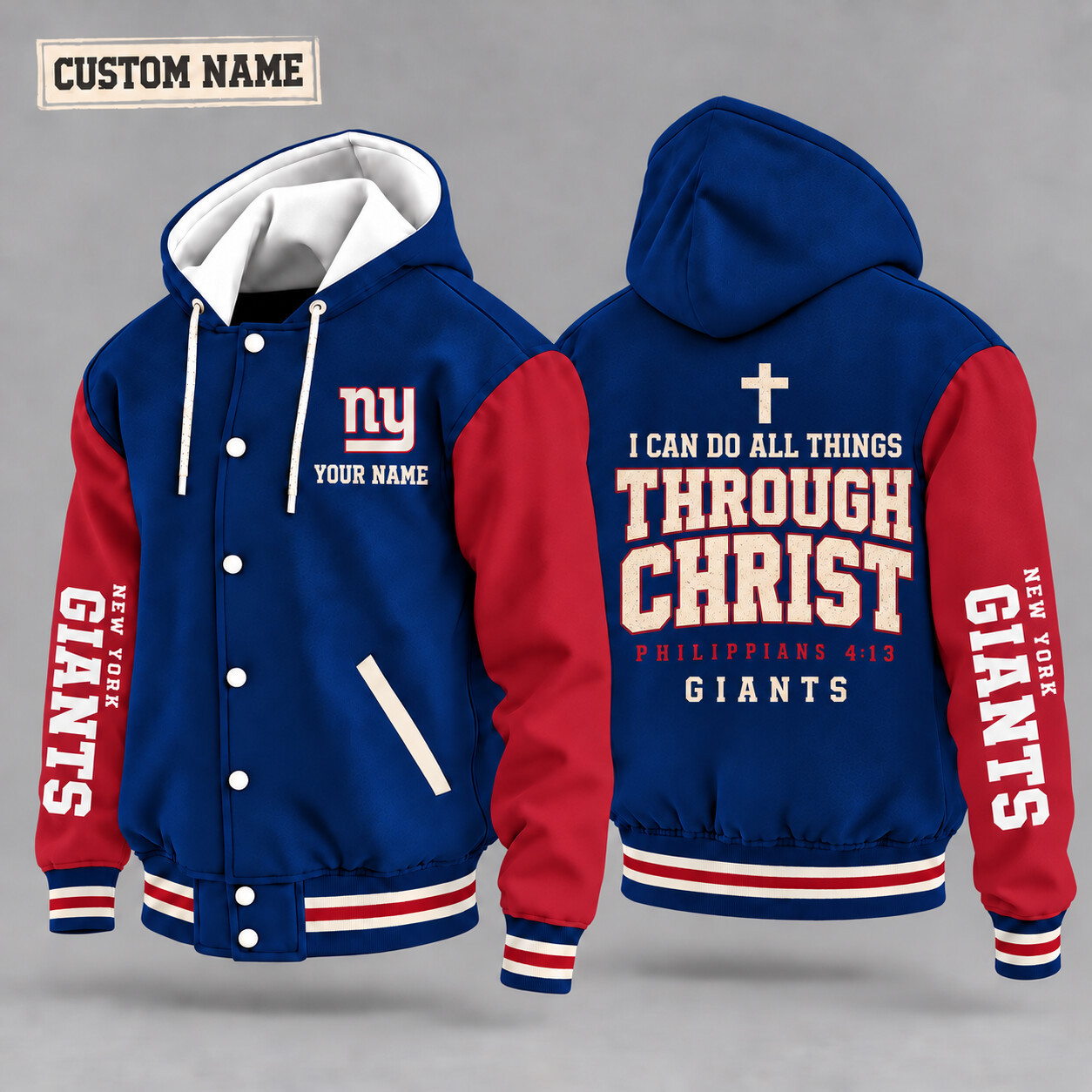 New York Giants I Can Do All Things Through Christ Hooded Letterman Jacket Custom Name P73C9A