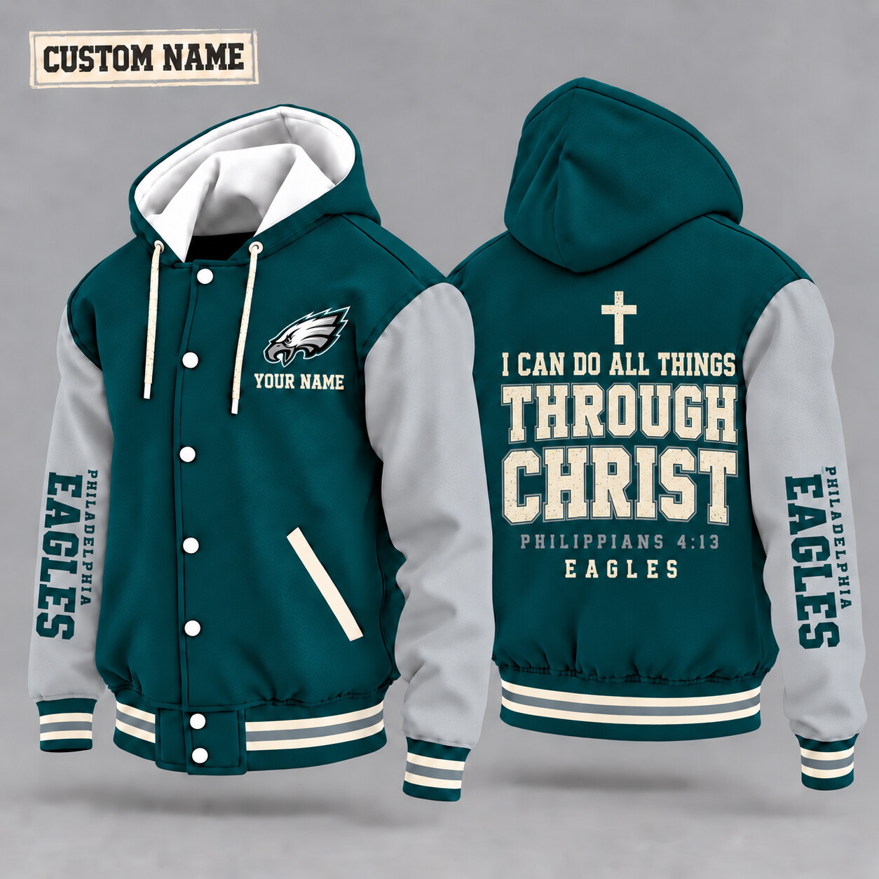 Philadelphia Eagles I Can Do All Things Through Christ Hooded Letterman Jacket Custom Name PFQJNA