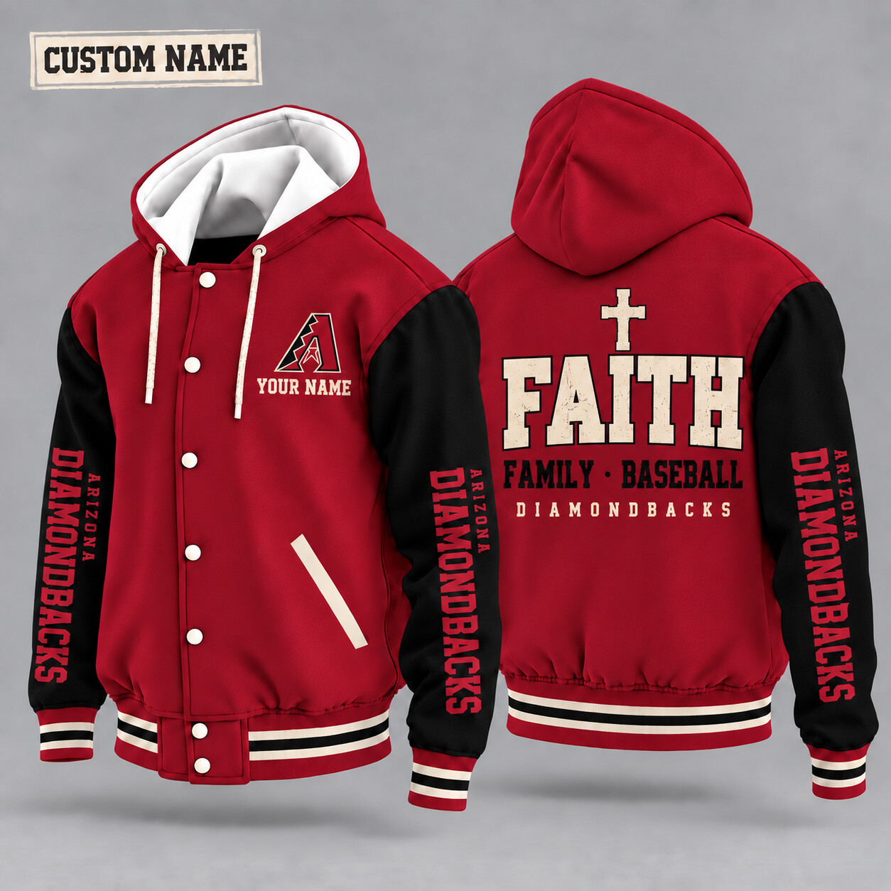 Arizona Diamondbacks Faith Family Baseball Hooded Letterman Jacket Custom Name PY5TVW