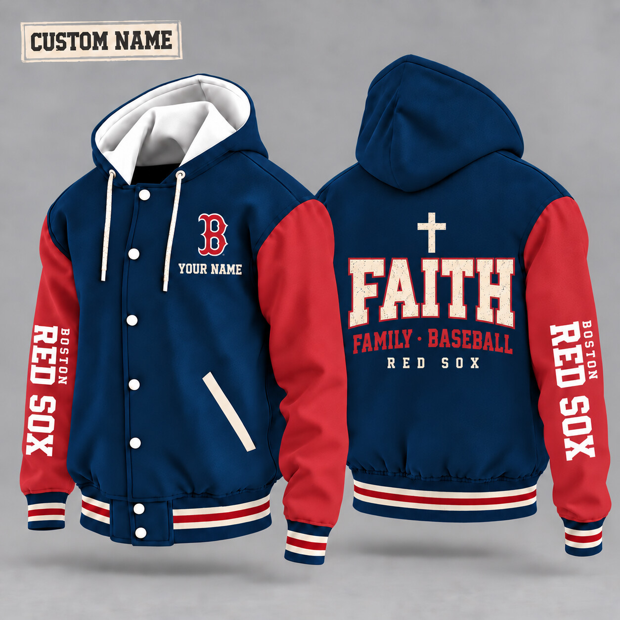 Boston Red Sox Faith Family Baseball Hooded Letterman Jacket Custom Name PXT3P7