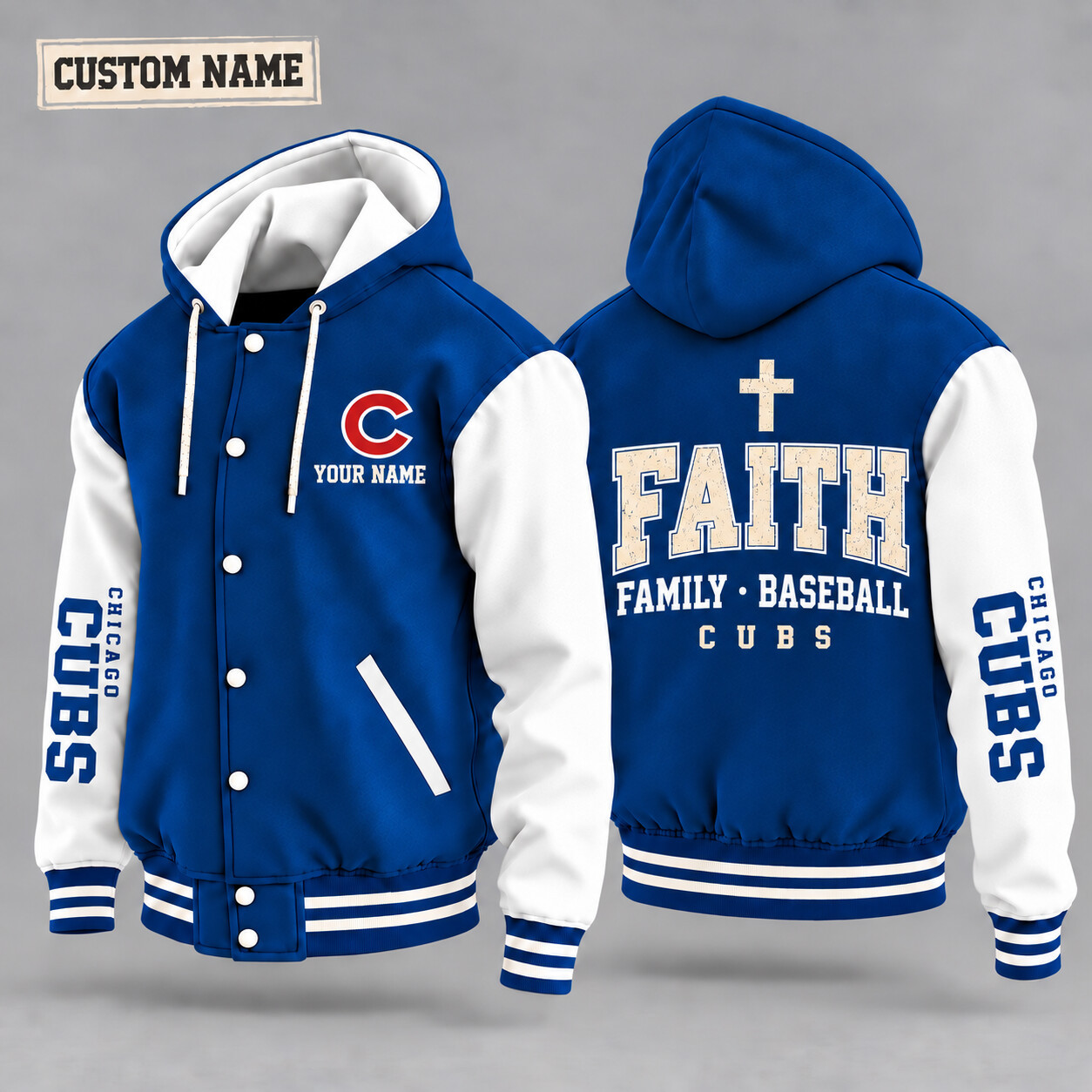 Chicago Cubs Faith Family Baseball Hooded Letterman Jacket Custom Name PW1AVB
