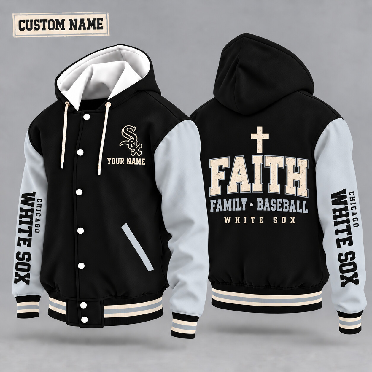 Chicago White Sox Faith Family Baseball Hooded Letterman Jacket Custom Name PANQKI