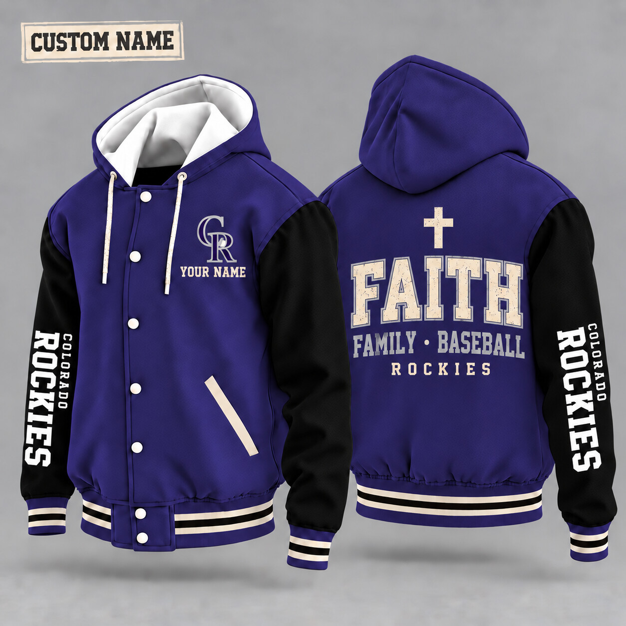 Colorado Rockies Faith Family Baseball Hooded Letterman Jacket Custom Name PHCXTP