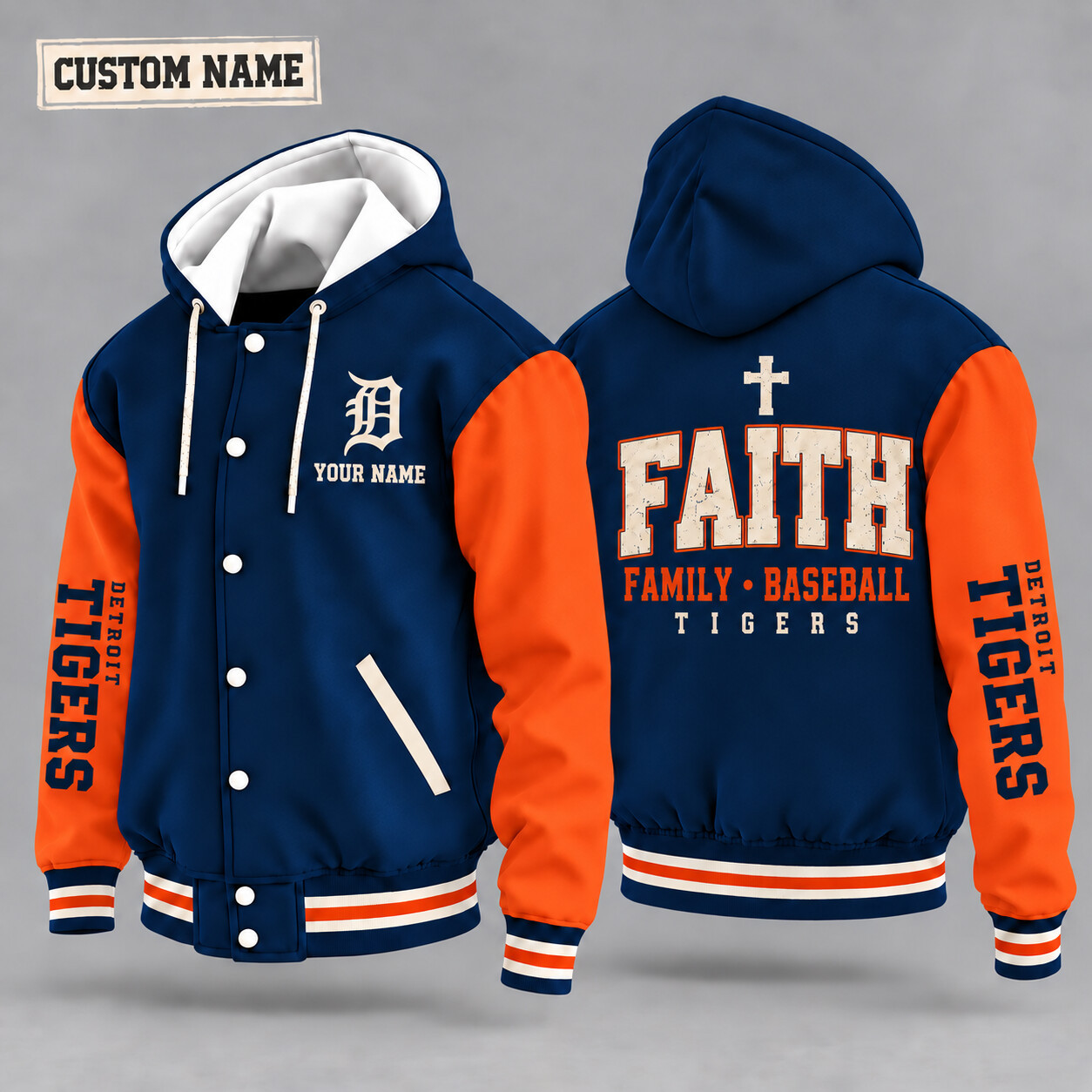 Detroit Tigers Faith Family Baseball Hooded Letterman Jacket Custom Name P5T73P