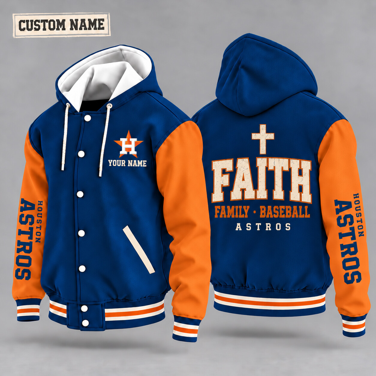 Houston Astros Faith Family Baseball Hooded Letterman Jacket Custom Name P5NWRM