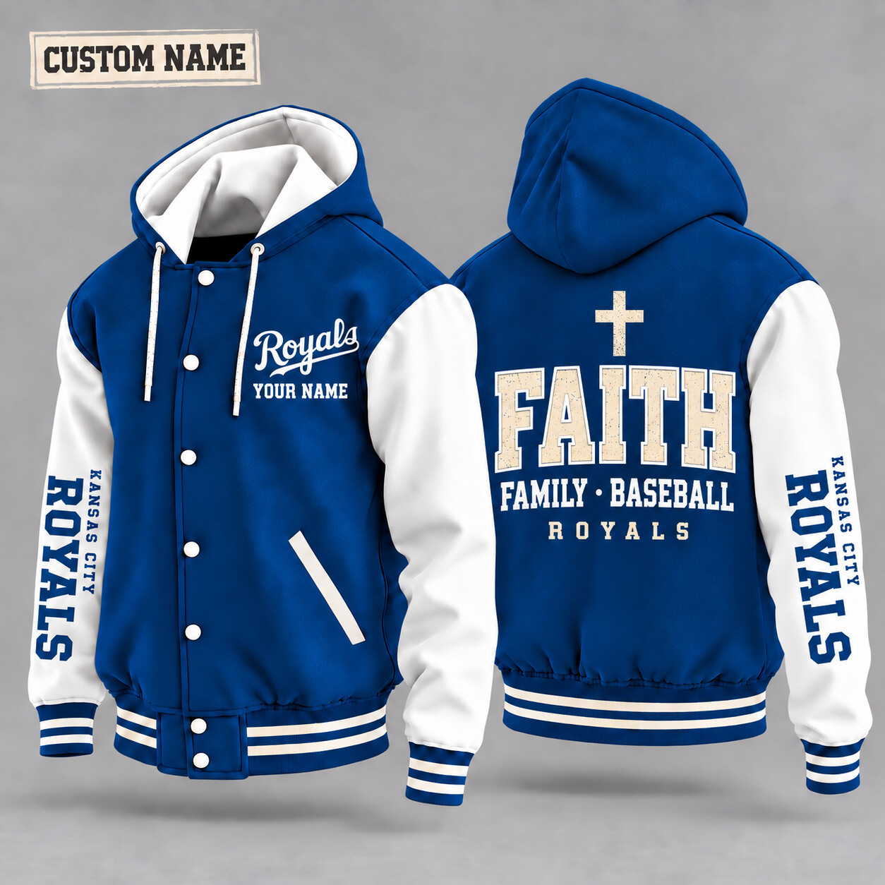 Kansas City Royals Faith Family Baseball Hooded Letterman Jacket Custom Name PZ0GVK