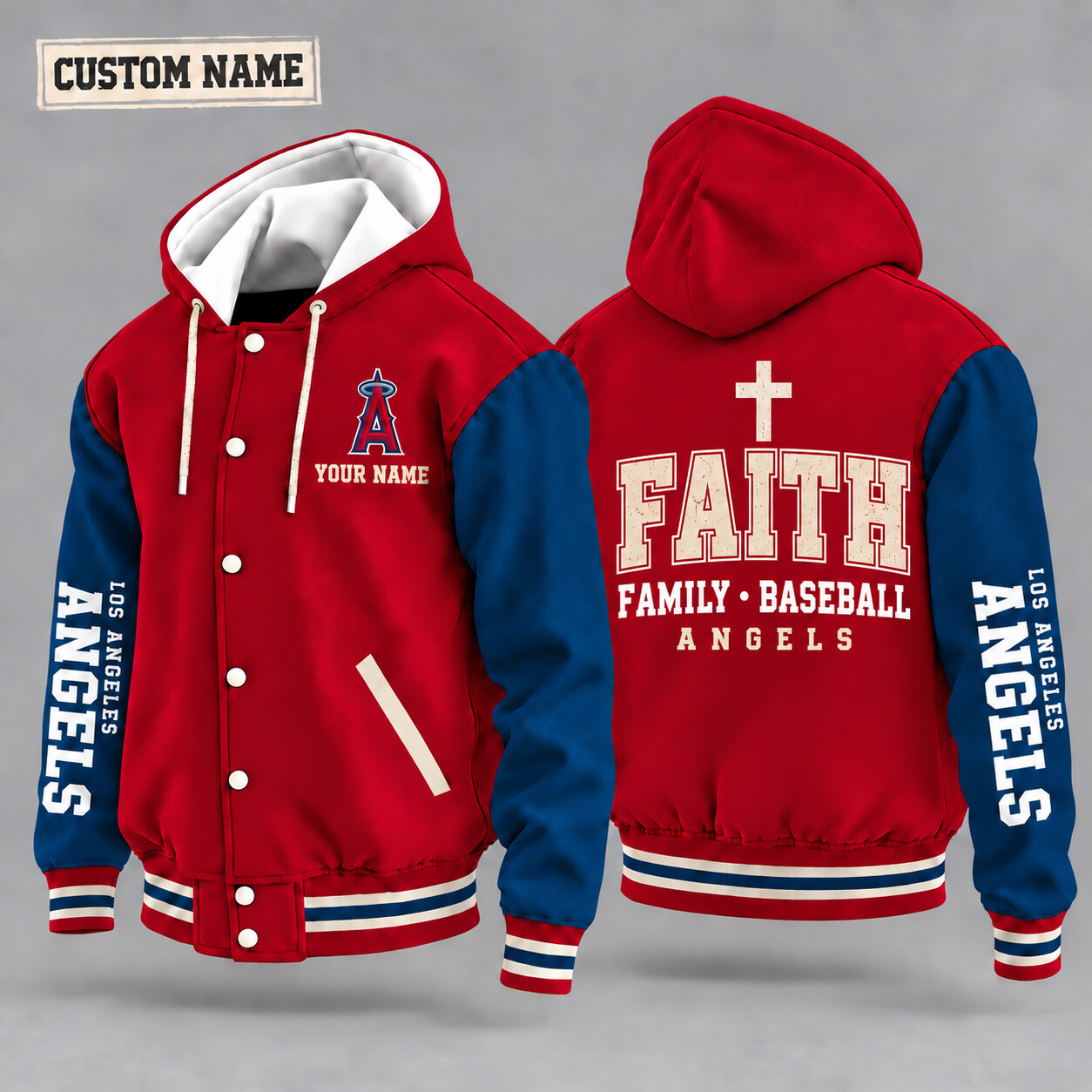 Los Angeles Angels Faith Family Baseball Hooded Letterman Jacket Custom Name PJEKVD