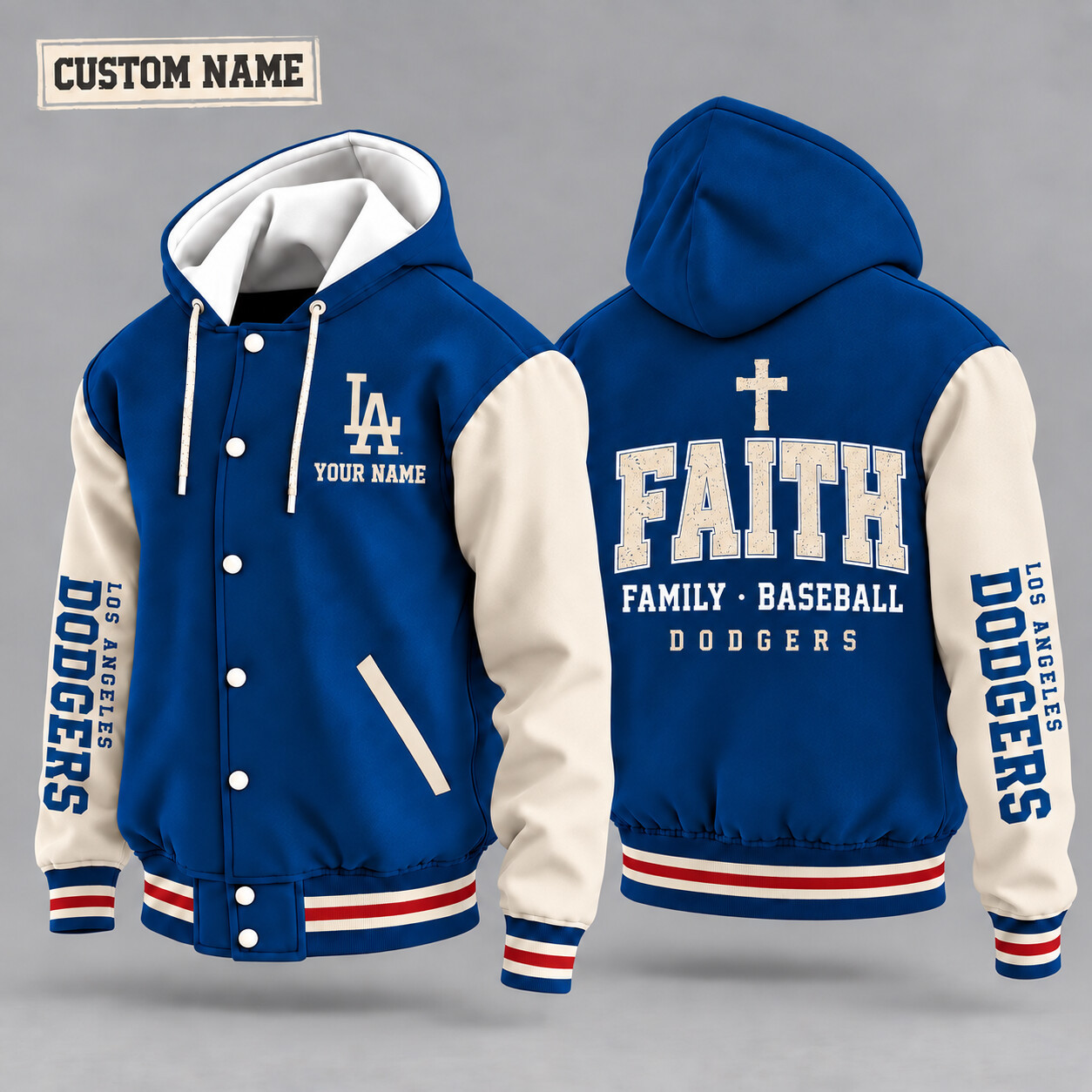 Los Angeles Dodgers Faith Family Baseball Hooded Letterman Jacket Custom Name PYSXYF