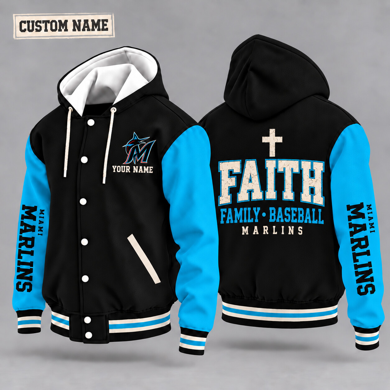 Miami Marlins Faith Family Baseball Hooded Letterman Jacket Custom Name P69IPL